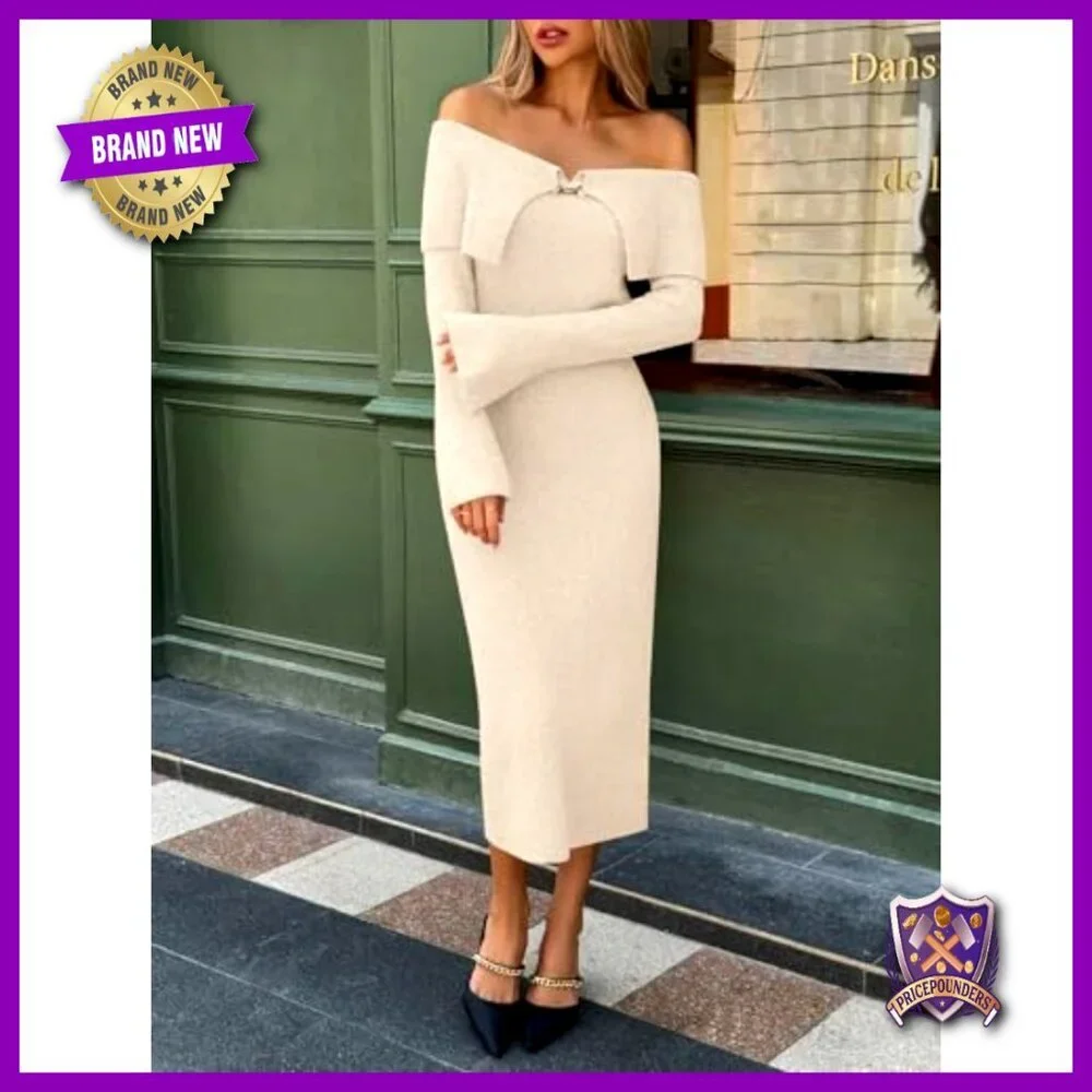 Off Shoulder Maxi Sweater Dress Long Sleeve Bodycon Ribbed Knit Elegant - Picture 3 of 7